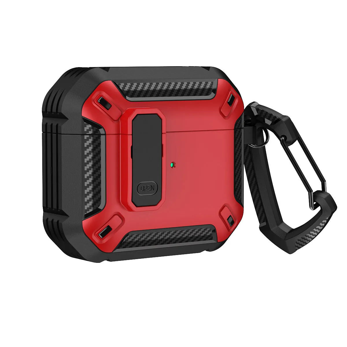 Two-tone plastic clamshell protective case for Apple AirPods with a metal carry hook attached.