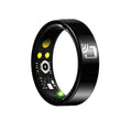 Black ceramic smart ring for heart rate, blood oxygen and sleep monitoring on a finger.