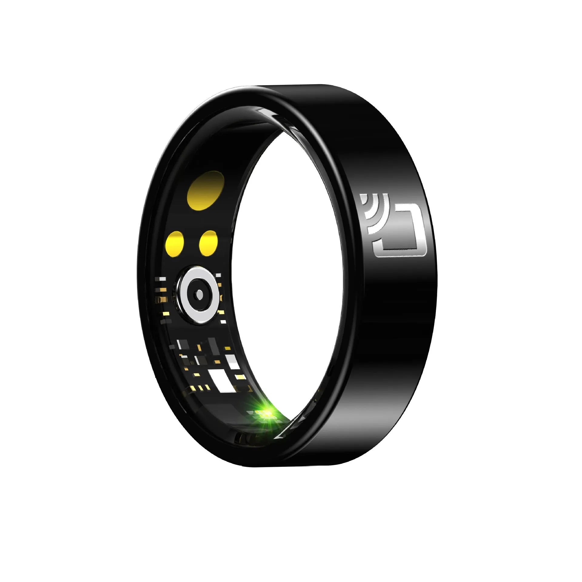 Black ceramic smart ring for heart rate, blood oxygen and sleep monitoring on a finger.