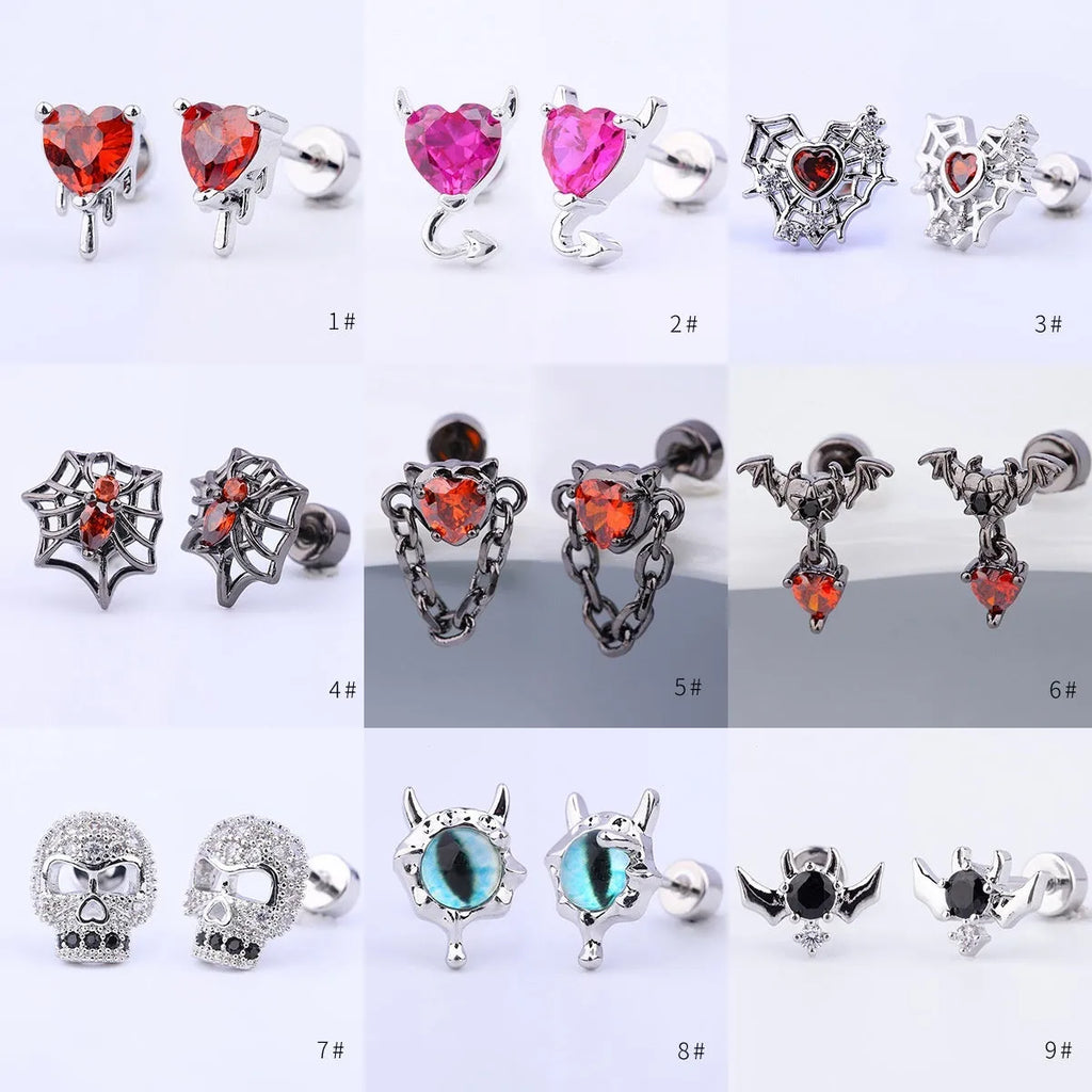 316L stainless steel Halloween drop earrings with real gold plating, skull and devil eye design, 6cm length, unisex