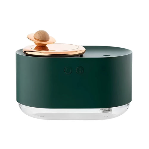 Green rotating planet-shaped car humidifier with night light on a desk next to a USB cable.