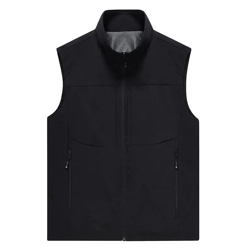 Men's loose-fit outdoor cardigan vest with stand collar and zippered pockets in khaki colour.