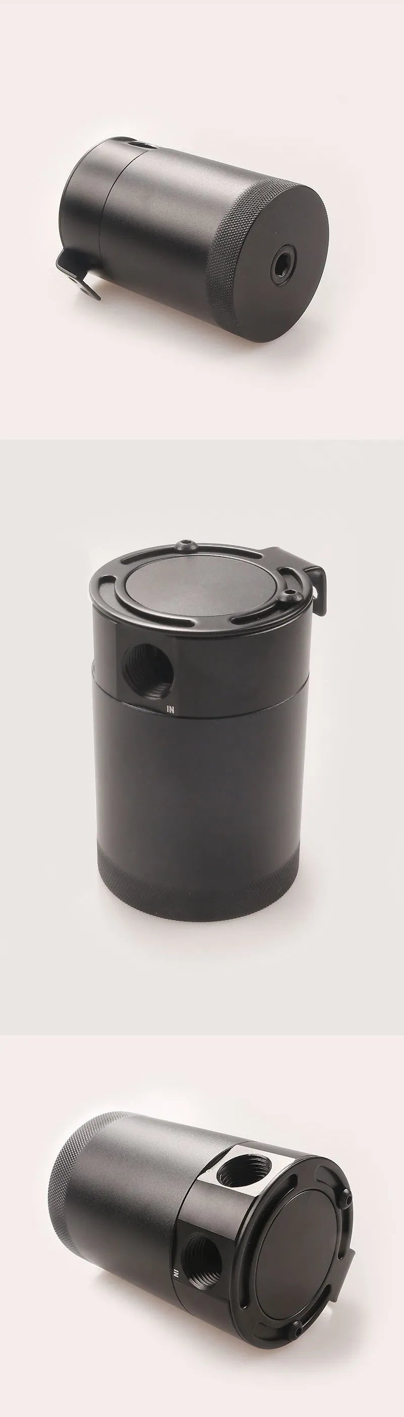 Aluminium automotive oil pot in black or silver with two-hole mounting and optional drain valve