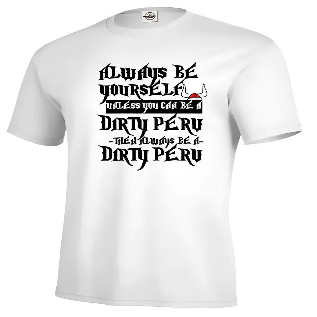 Front view of a man's white short sleeve t-shirt with a printed design, showing straight-cut casual fit.