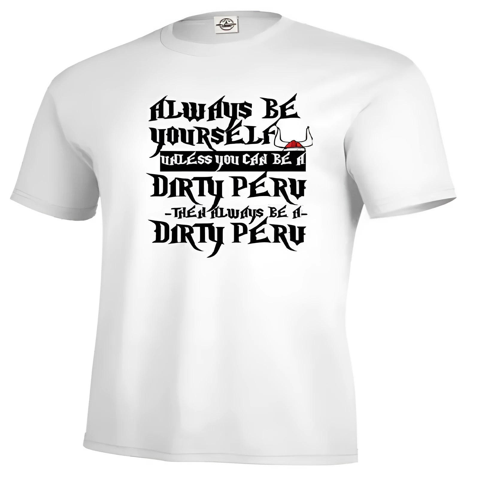 Front view of a man's white short sleeve t-shirt with a printed design, showing straight-cut casual fit.