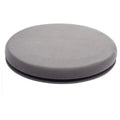 A grey rotating car seat cushion for lumbar support on a car seat.