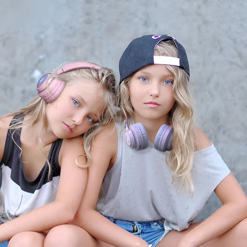 Wireless children's headphones with RGB lighting in bunny purple and pink colour options