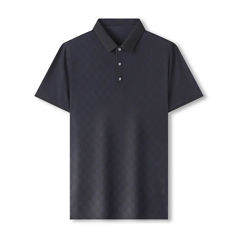 Man wearing a thin black V-neck t-shirt with a rhombus pattern and a side slit detail on the hem.