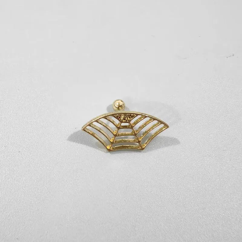 Metal spider web stud earrings in electroplated gold or silver finish, geometric mesh design.