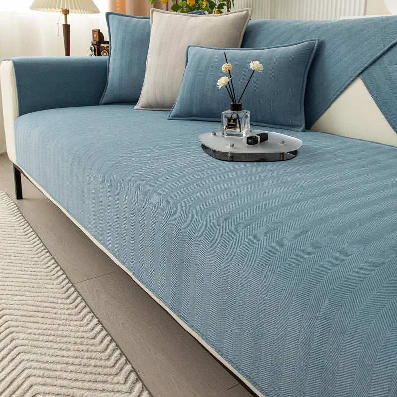 Thickened chenille sofa cover in solid colour haze blue for couch and cushion protection