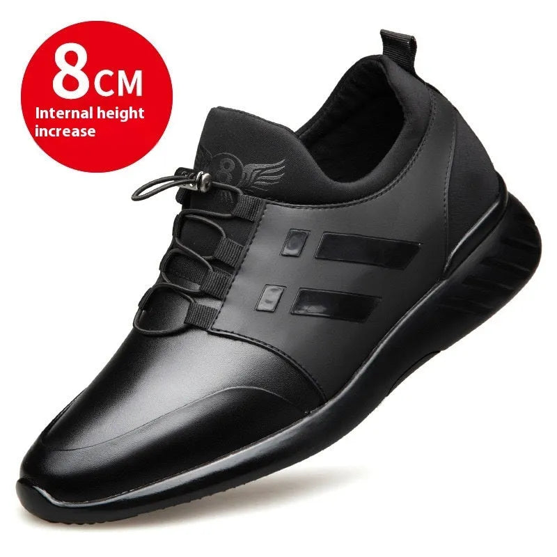 Men's black casual shoes with genuine leather upper and invisible internal height increase heel.