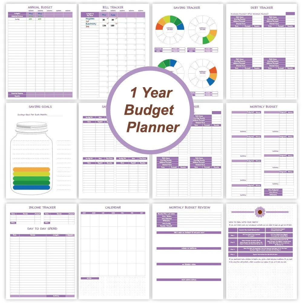 Purple A4 coil notebook for financial planning with stickers, pen, and paper clips