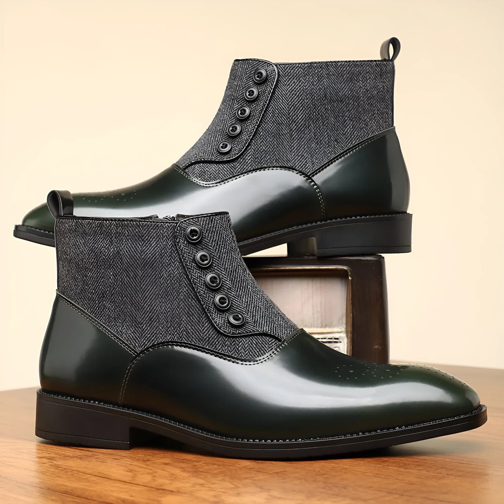 Men's brown formal shoes with side zipper, square toe, and low rubber sole on a neutral background