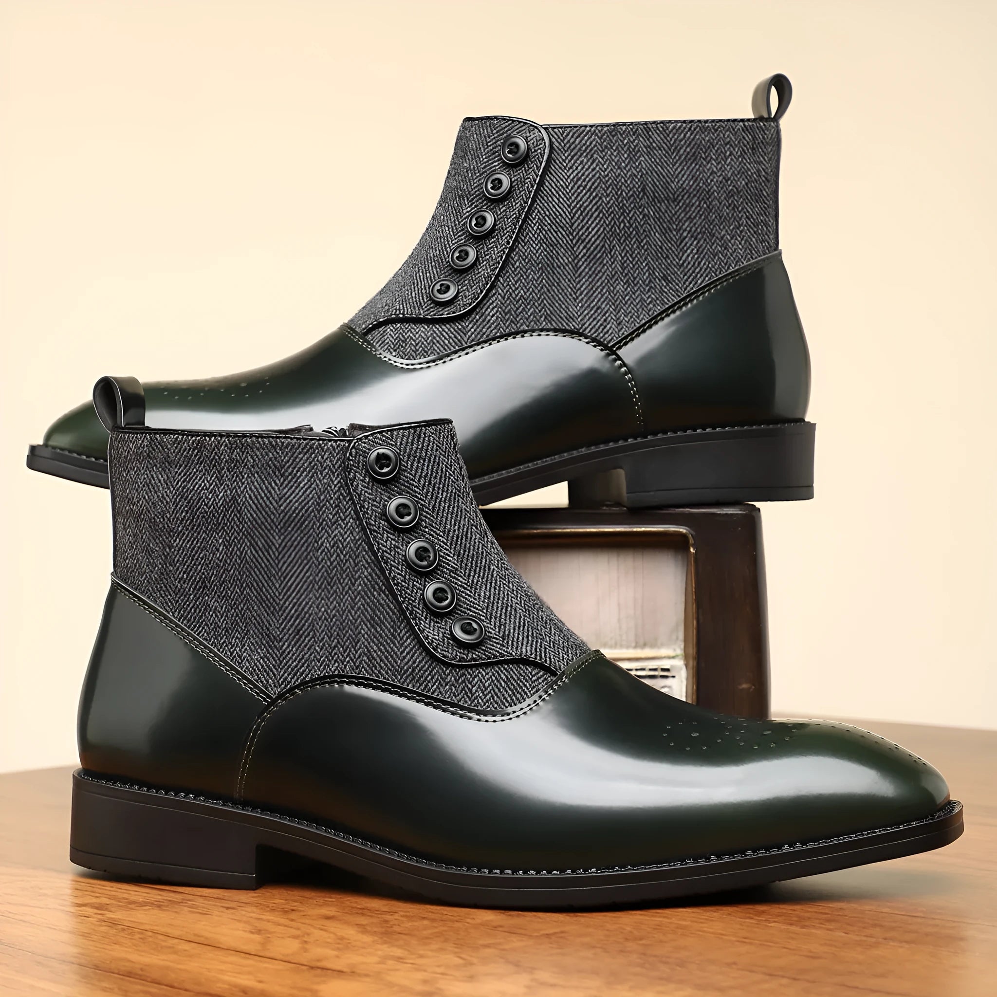 Men's brown formal shoes with side zipper, square toe, and low rubber sole on a neutral background