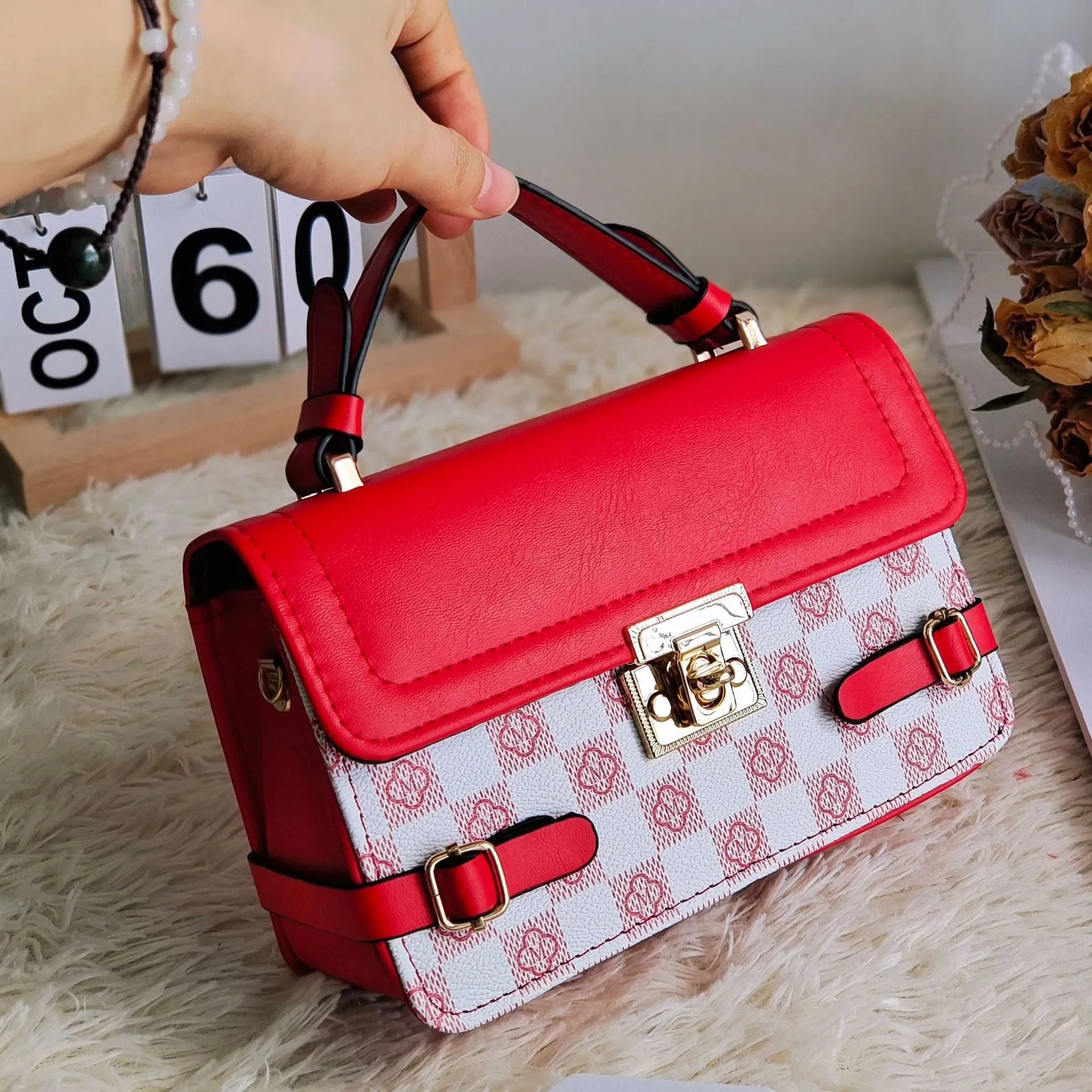 PU leather retro square crossbody bag with ethnic stitching and plaid patterns, shown in apricot colour.