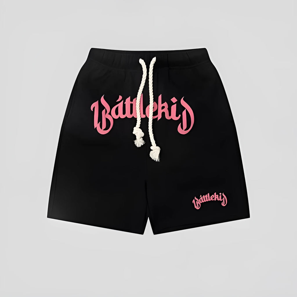 Loose fit black cotton blended hip hop shorts with cropped sweatpants design on a mannequin