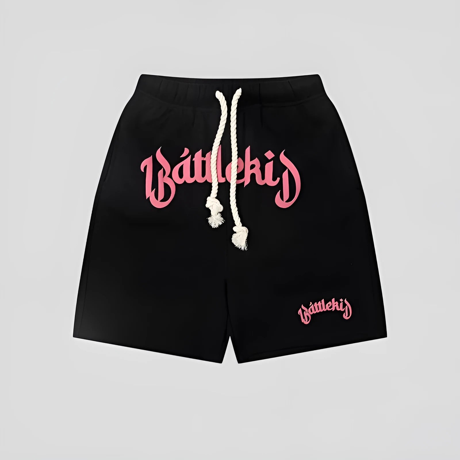 Loose fit black cotton blended hip hop shorts with cropped sweatpants design on a mannequin