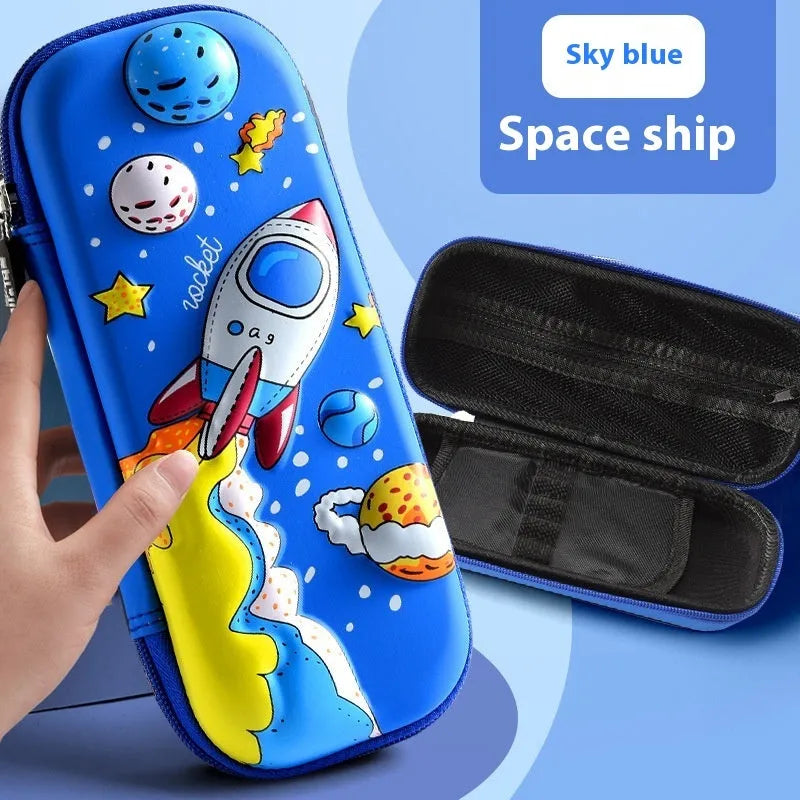3D leather pencil case with embossed spaceship design organising pens and pencils