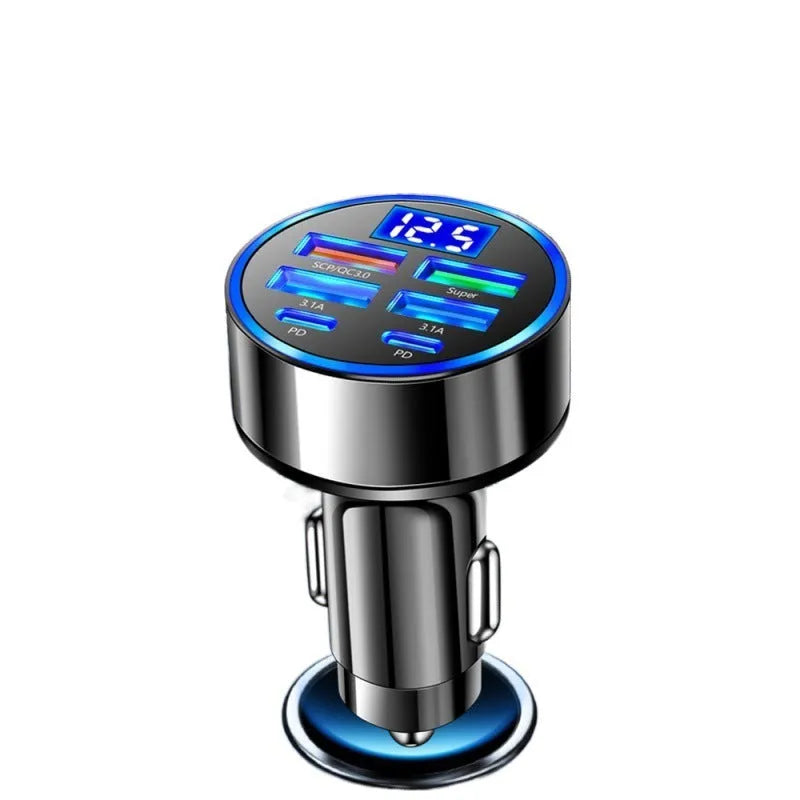 Six-in-one black car charger with 4 USB and 2 PD ports and digital display for cigarette lighter socket