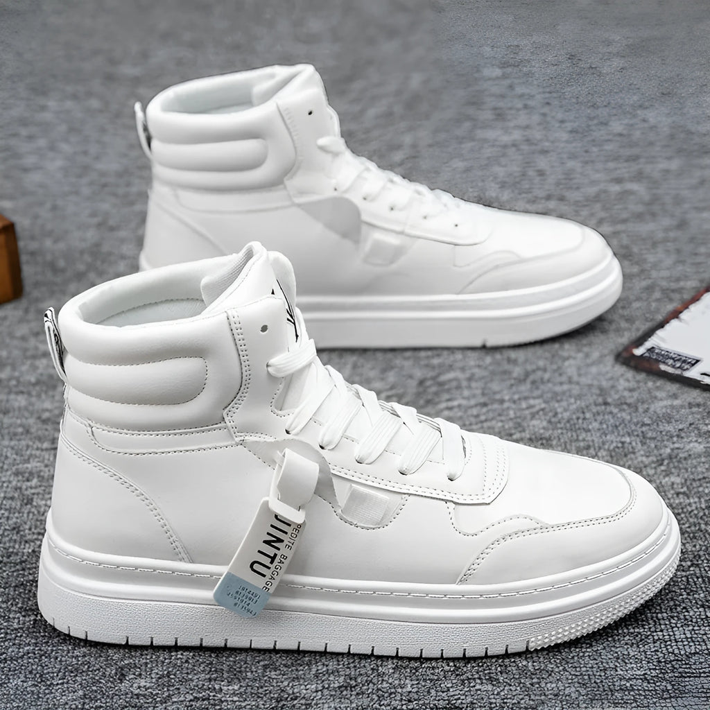 Men's Korean style short boots in white with faux leather upper, side view showing clean silhouette