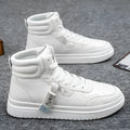 Men's Korean style short boots in white with faux leather upper, side view showing clean silhouette