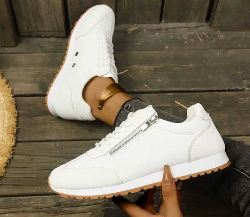 Women's flat-heeled shoes in champagne, grey, and white with artificial PU uppers and rubber soles