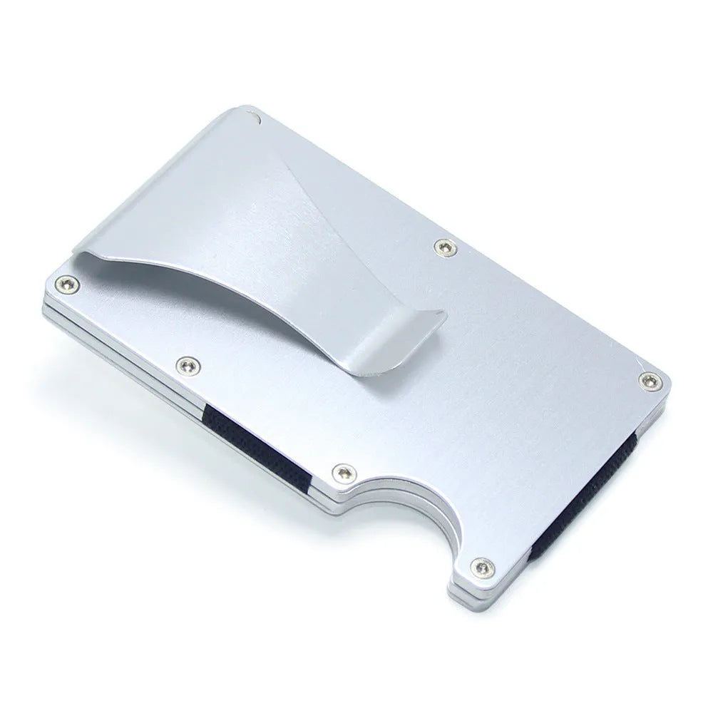 Geometric aluminium and carbon fibre card holder in multiple colours on a table, showing slim 8mm profile.