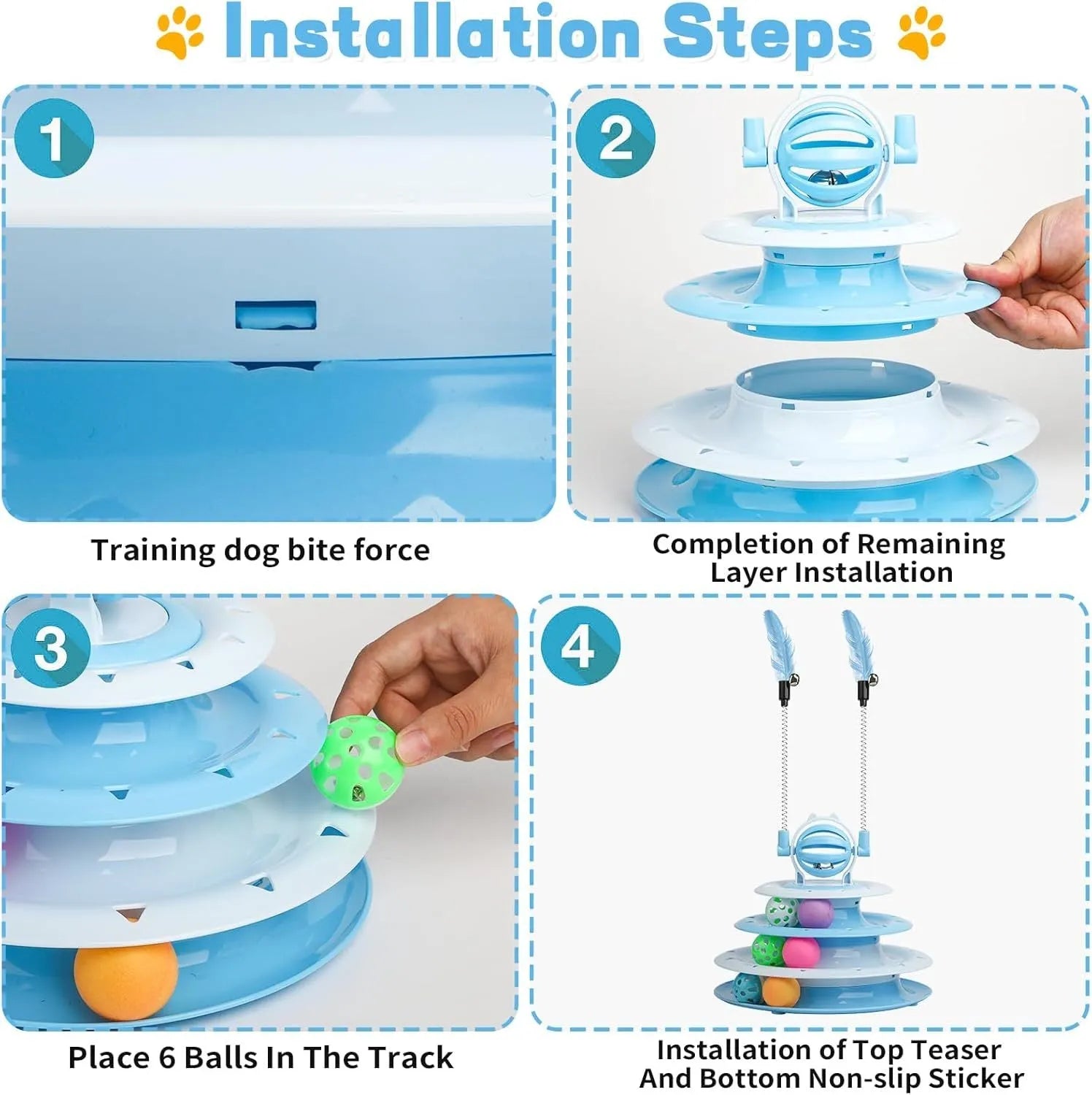 Blue four-tier rotating cat carousel toy with six coloured balls, a top bell, and two teasing rods on a non-slip base.