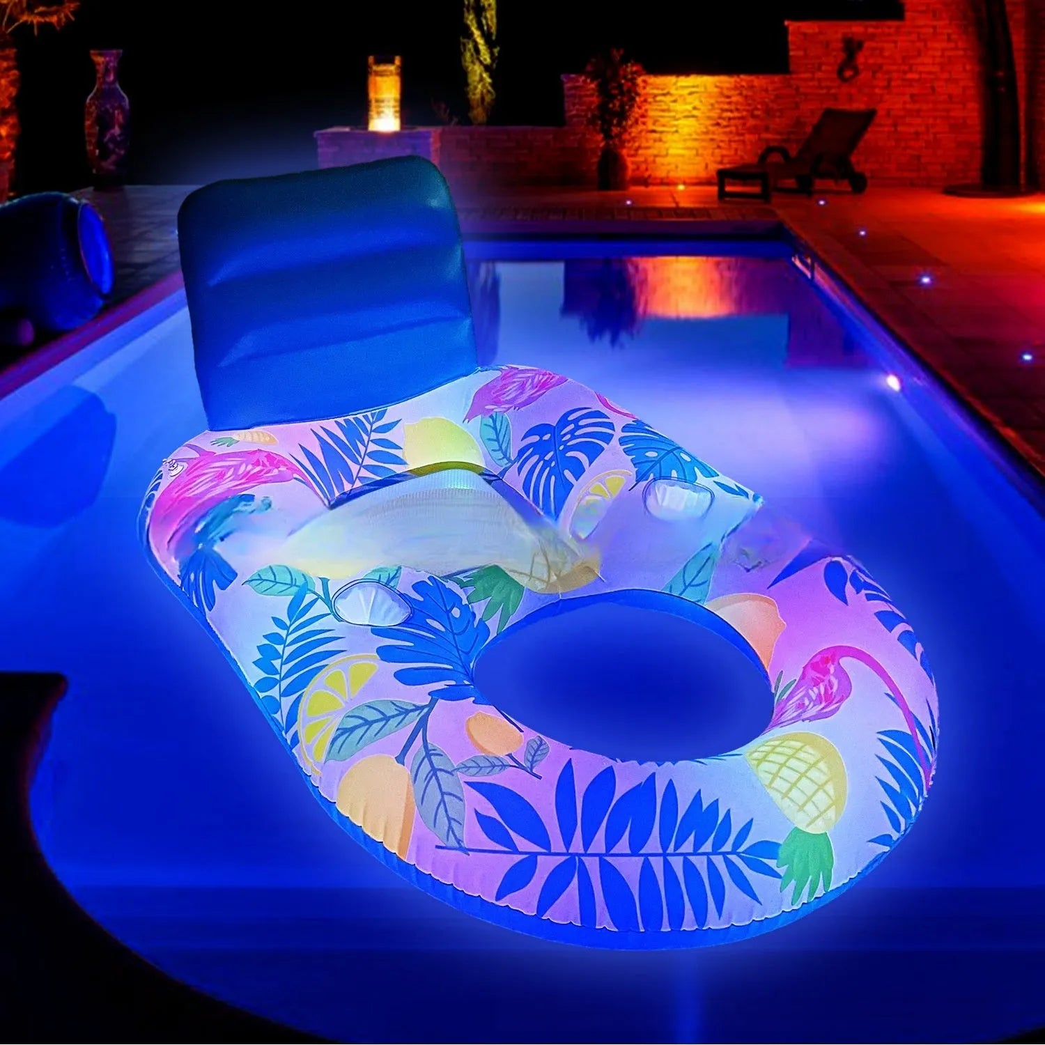 Large white luminous inflatable floating bed with backrest reclining in a swimming pool
