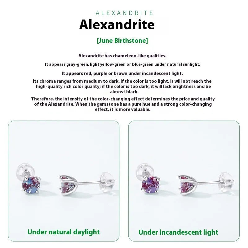 A pair of round geometric stud earrings with a cultivated alexandrite stone set in 925 silver.