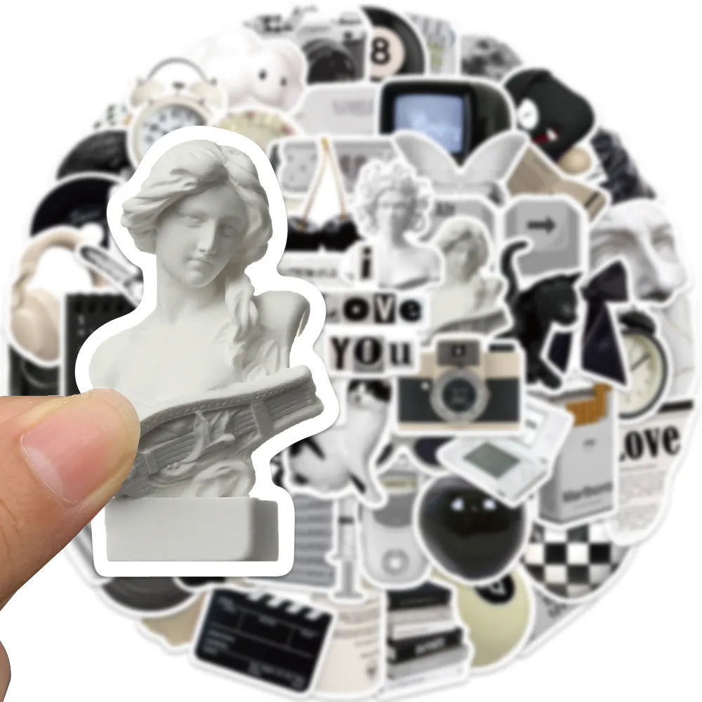 61 black and white coffee and tea themed PVC vinyl stickers for decoration.