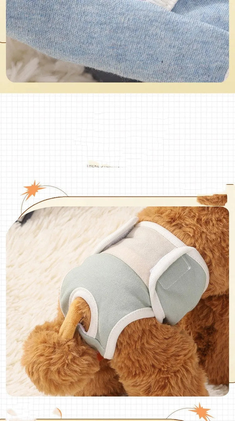 Pure cotton dog safety pants in light blue with elasticated waist, four sizes available