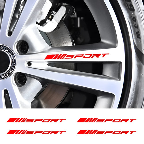 Hollow sport design car rim stickers in black, red, and white colours measuring 10x0.7cm