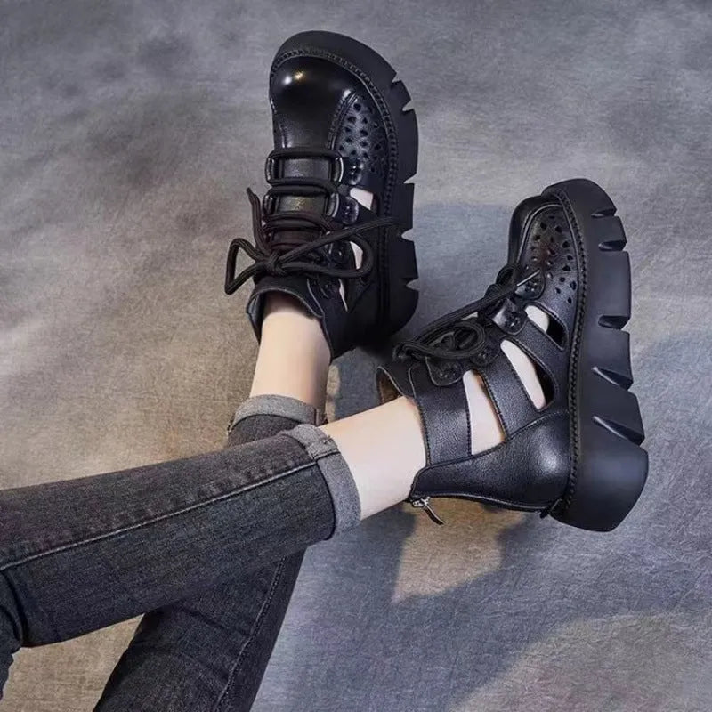 Women's black platform sandals with fish mouth toe and hollow hole leather design