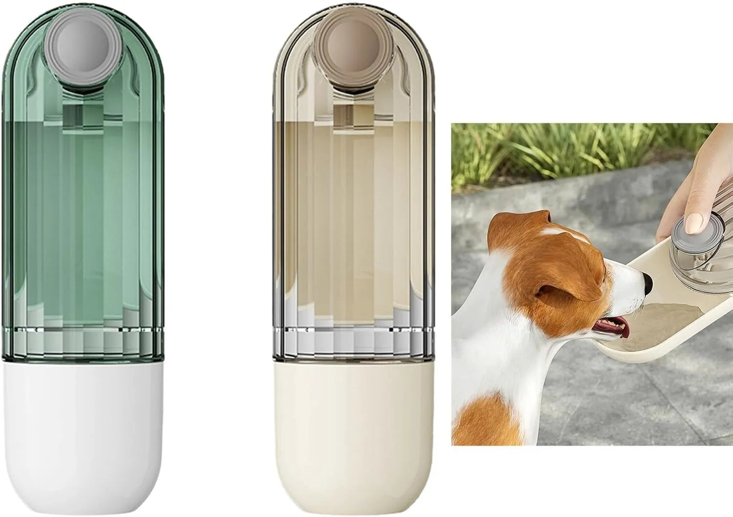 Beige and green foldable dog water bottle with food container, showing scale next to a dog's muzzle.