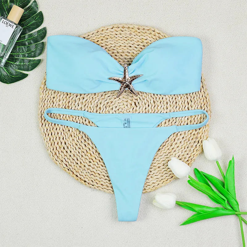 Tube top bikini set with backless low waist briefs in black, white or blue, sizes S M L, nylon fabric
