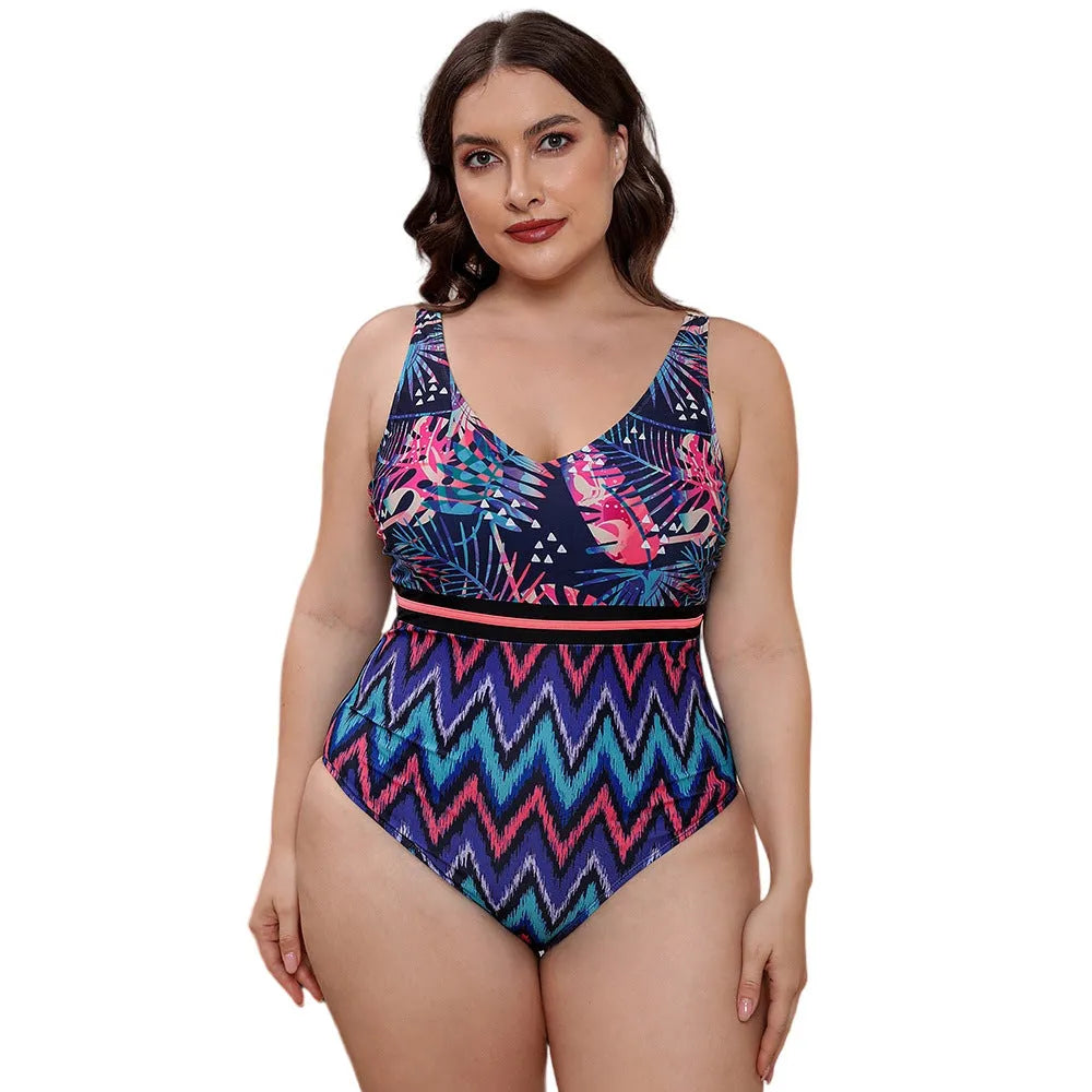 Women's blue printed one-piece swimsuit with spaghetti straps and striped vest design for swimming
