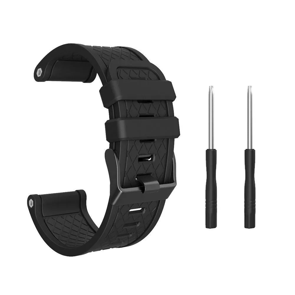 Black silicone Jiaming watch strap with stainless steel button showing 26mm width measurement