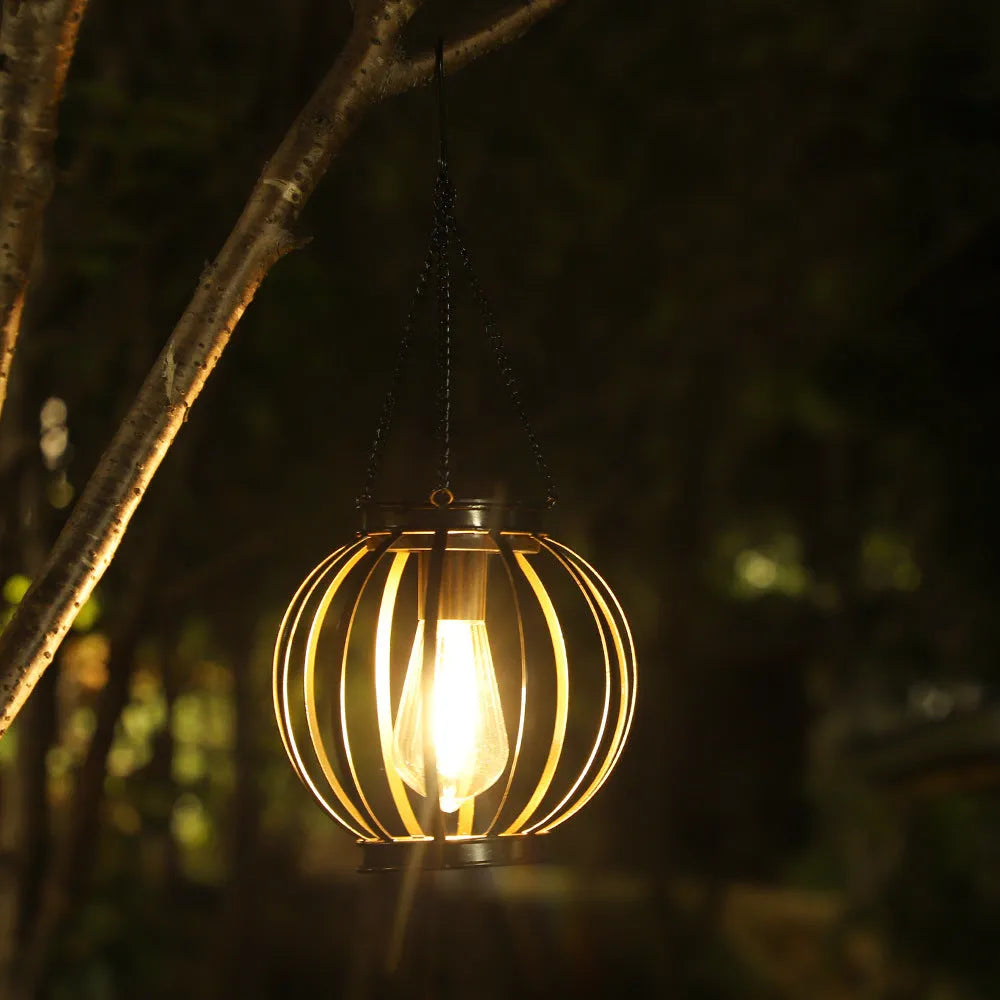 Outdoor hollow-out iron lantern super bright ceiling lamp cylindrical flat iron shape for garden courtyard decoration