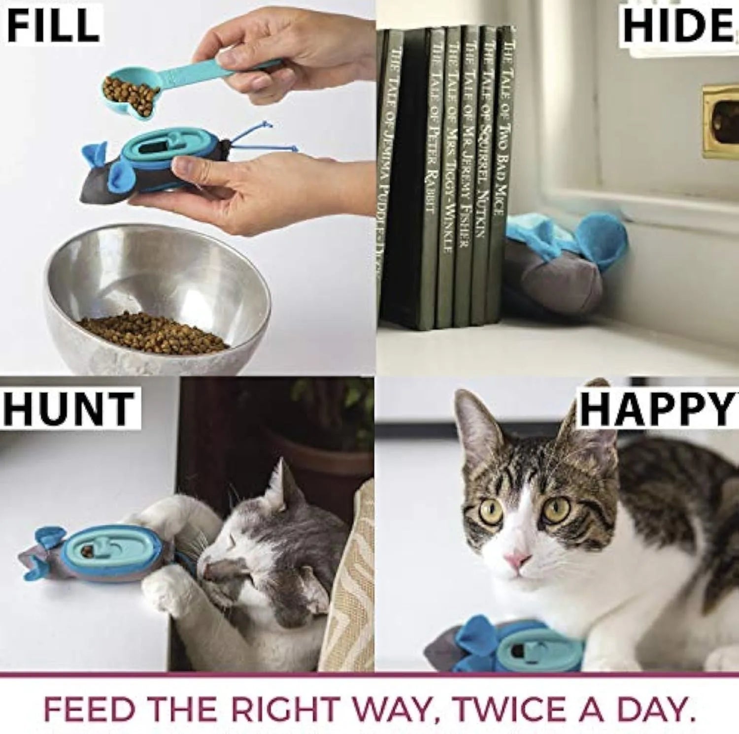 Blue interactive indoor treat dispenser mouse toy for cats with fabric skin and plastic feeder