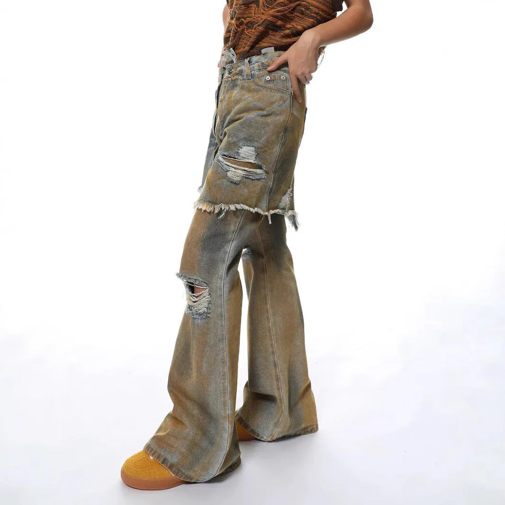 High-waist bootcut denim trousers in picture colour, front view, with button fly and straight-leg cut