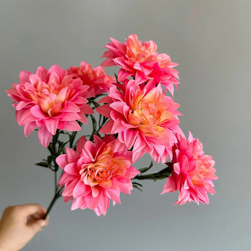 Dahlia desktop display fan holding fake flowers, silk flower bunch in multiple colours for home or office decoration