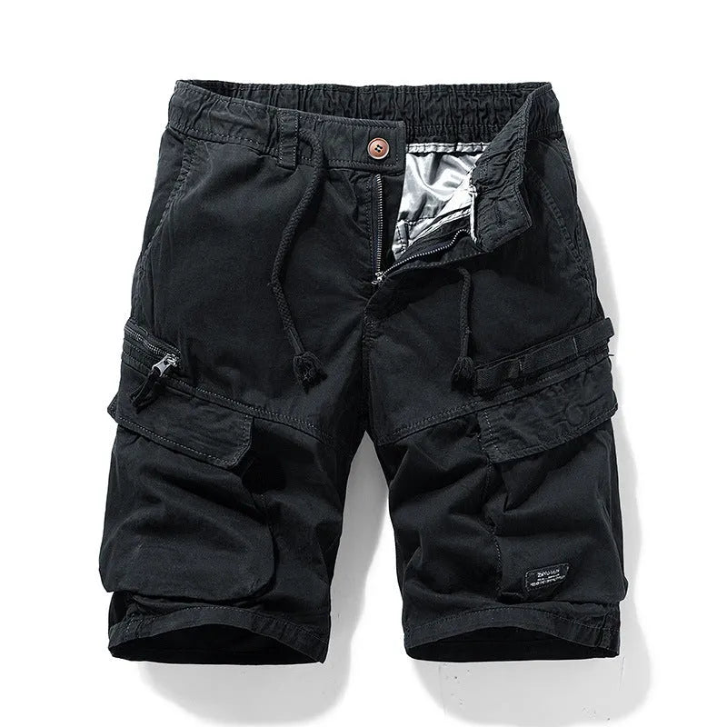 Men's cotton casual shorts in khaki with multiple zipper pockets and a fifth pants length