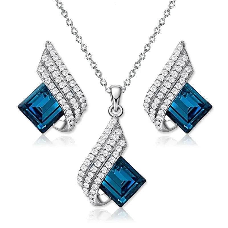 Women's electroplated alloy necklace and ear stud set with glass decoration pendant