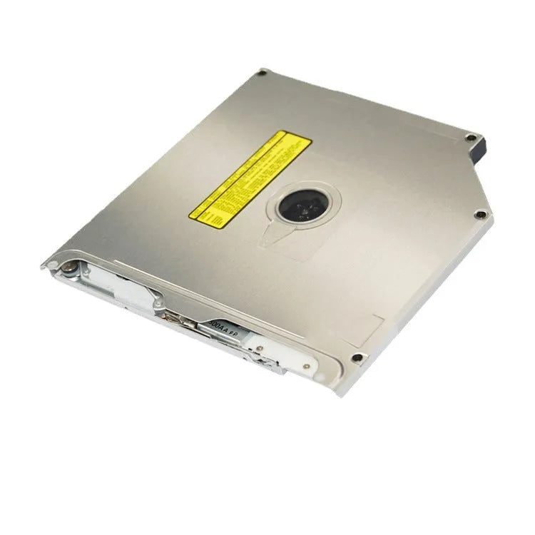 Silver SATA internal optical drive for Apple MacBook Pro laptop, showing dimensions.