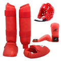 Blue martial arts protective gear set showing leg guards, helmet, and boxing gloves for karate taekwondo