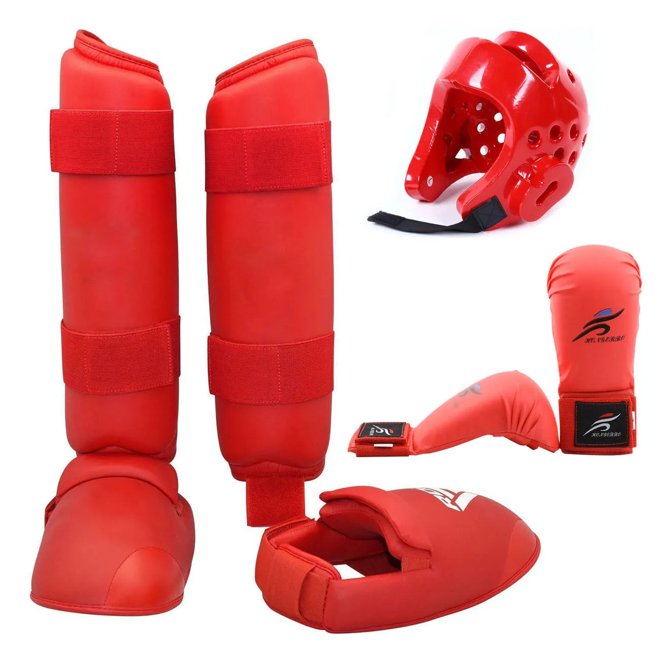 Blue martial arts protective gear set showing leg guards, helmet, and boxing gloves for karate taekwondo