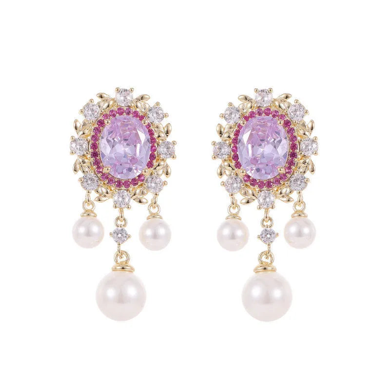 Oval geometric earrings with zircon inlay and pearl tassel drop in copper with colour options