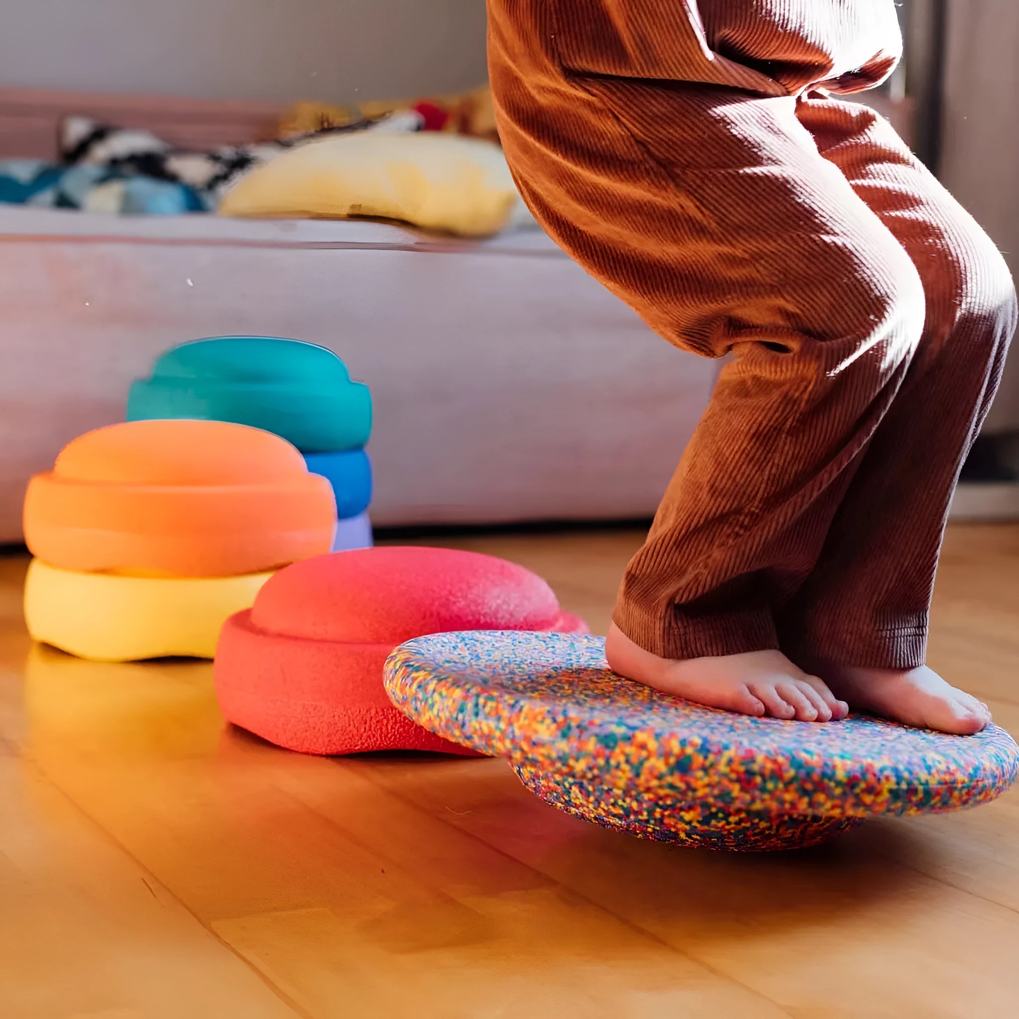 Plastic children's balance board in wood-grain effect colours for ages 4-6