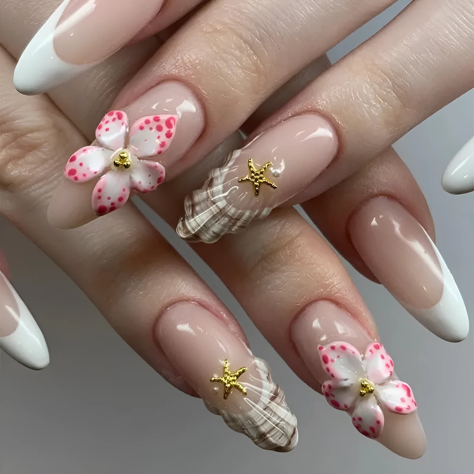 French style artificial fake nails with simple flower rock pattern patch in colour W1764.